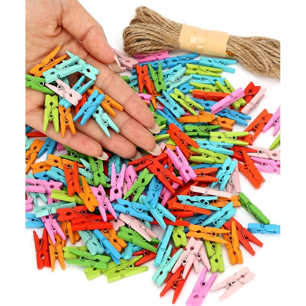 image:imageMr Pen Mini Wooden Clothes Pins for Photo 1 Inch 150 Pack  Small Clothespins with 10 Meter Jute Twine for Labeling Plants Gift Tags Tiny Crafts Photo Display DecorationAssorted Colors