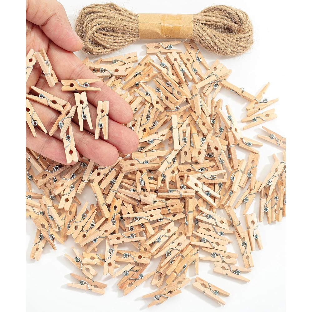 image:imageMr Pen Mini Wooden Clothes Pins for Photo 1 Inch 150 Pack  Small Clothespins with 10 Meter Jute Twine for Labeling Plants Gift Tags Tiny Crafts Photo Display DecorationWood
